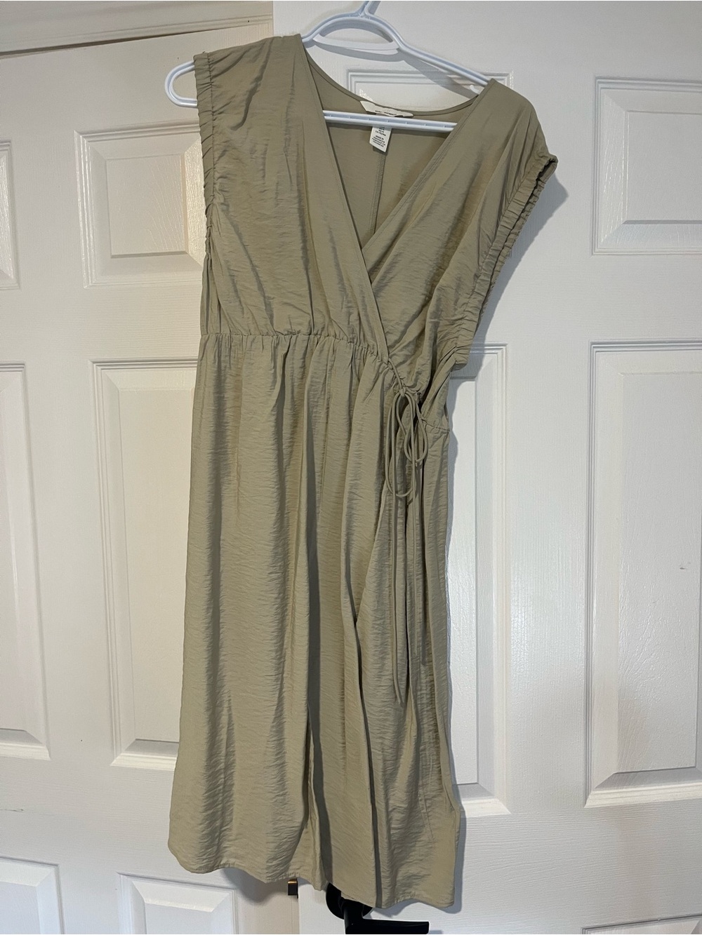 Beige Sage Wrap Maternity Dress with Tie Waist